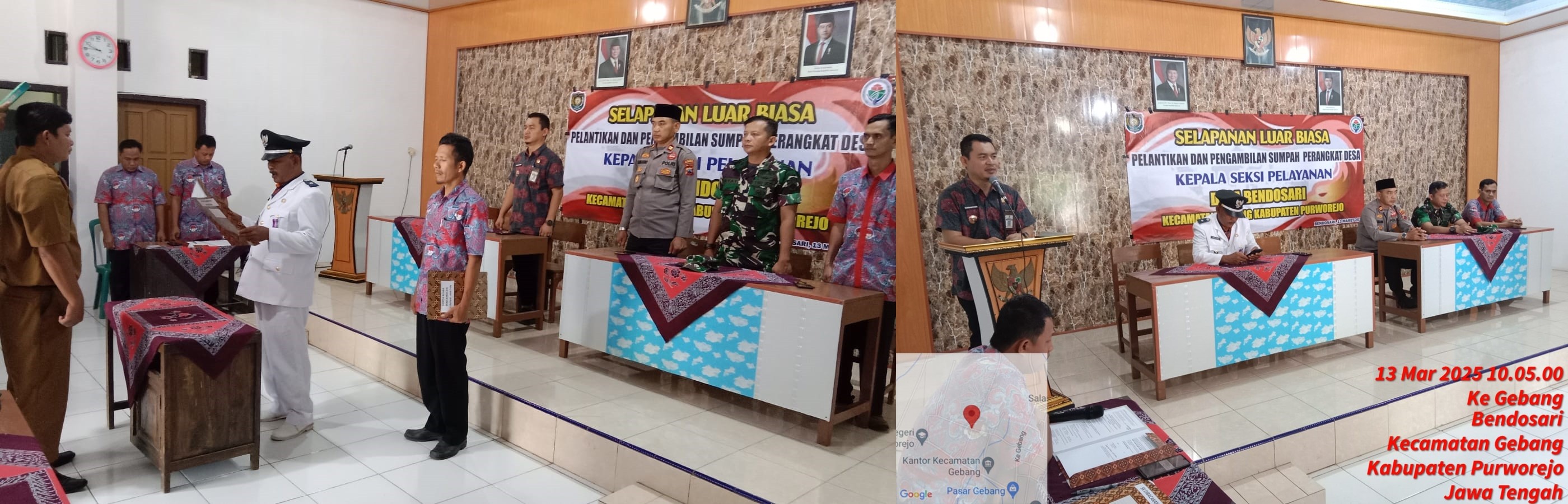 CAMAT GEBANG HADIRI PELANTIKAN DAN PENGAMBILAN SUMPAH JABATAN PERANGKAT DESA BENDOSARI KECAMATAN GEBANG